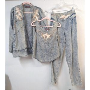 Vintage 80s Acid Wash Applique 3 Piece Set WM 27" Waist Made in USA